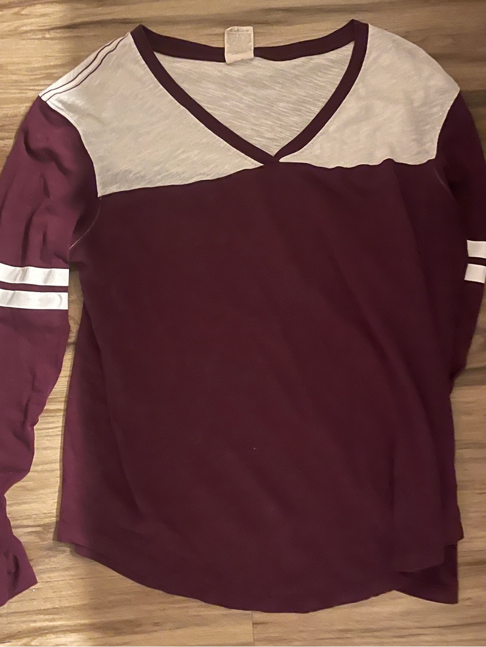 PINK Victoria's Secret Maroon and Cream V-Neck Long Sleeve Tee